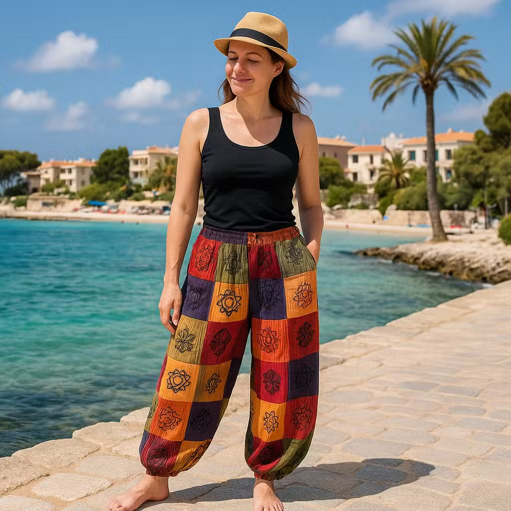 Hlače s Uzorkom Gljive - Nomad Sari Blok Print - Narančasti Tonovi - S/M