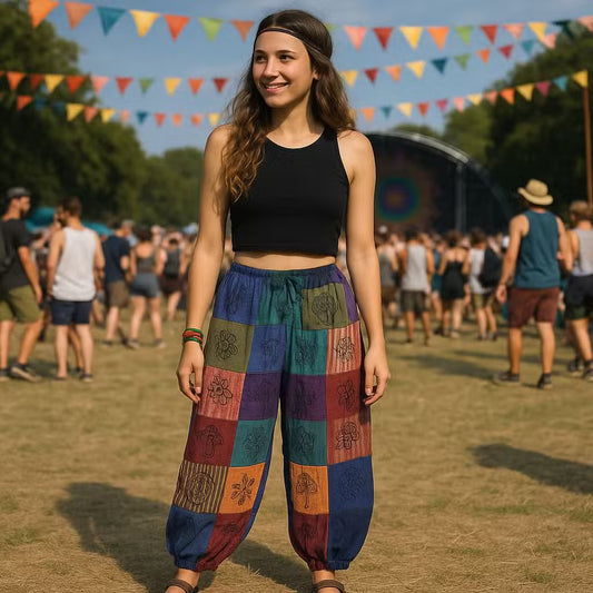 Hlače s Uzorkom Gljive - Nomad Sari Blok Print - Ljubičasti Tonovi S/M
