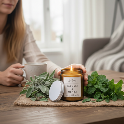 Person holding a mug with a lit candle and herbs on a table
